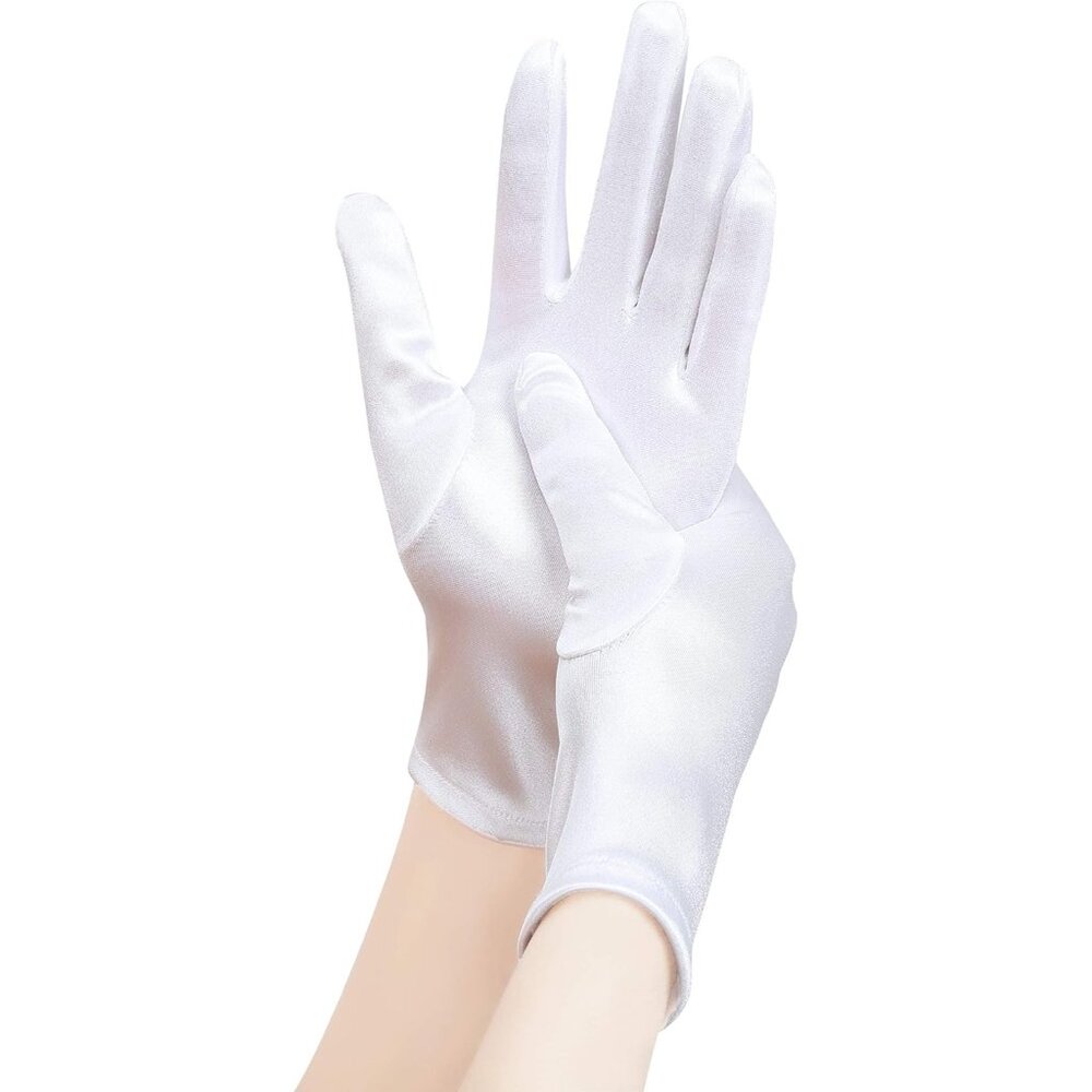 Women's 8-6 White Elastic Short Length Satin Wrist Gloves Wedding Bride Prom